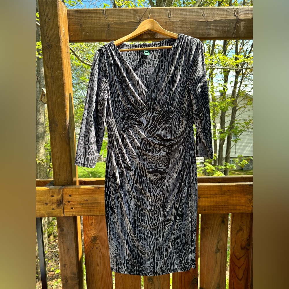 Ralph Lauren Black Gray Leopard Print 3/4 sleeves Wrap  Midi Dress Size 12